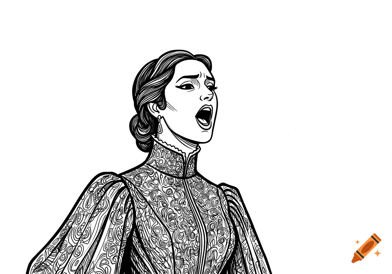 Blackline cartoon of a female opera singer with an open mouth, wearing a patterned high-neck dress, against a white background.