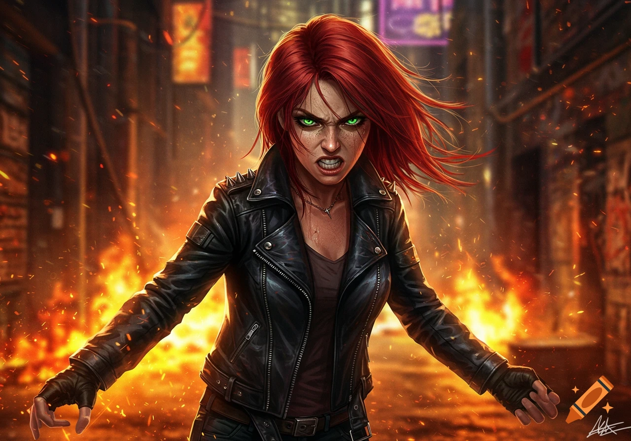 A fierce red-haired girl with glowing green eyes and an angry expression, wearing a black leather jacket, stands amidst a fiery, smoky urban backdrop.