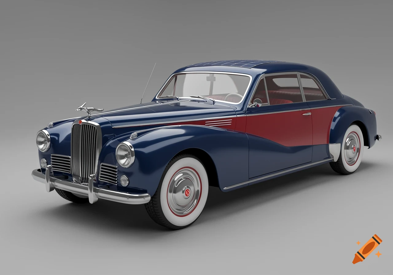 A dark blue and rose red vintage luxury car with a chrome fox ornament on the hood and solar panel roof on a grey background.