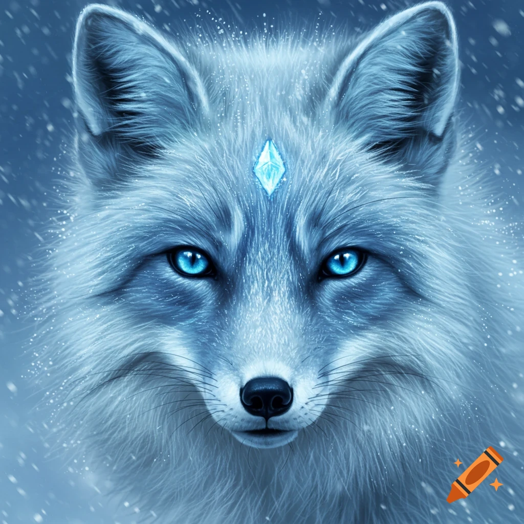 Close-up of a white-blue ice fox with bright blue eyes and a crystal on its forehead, against a snowy background.