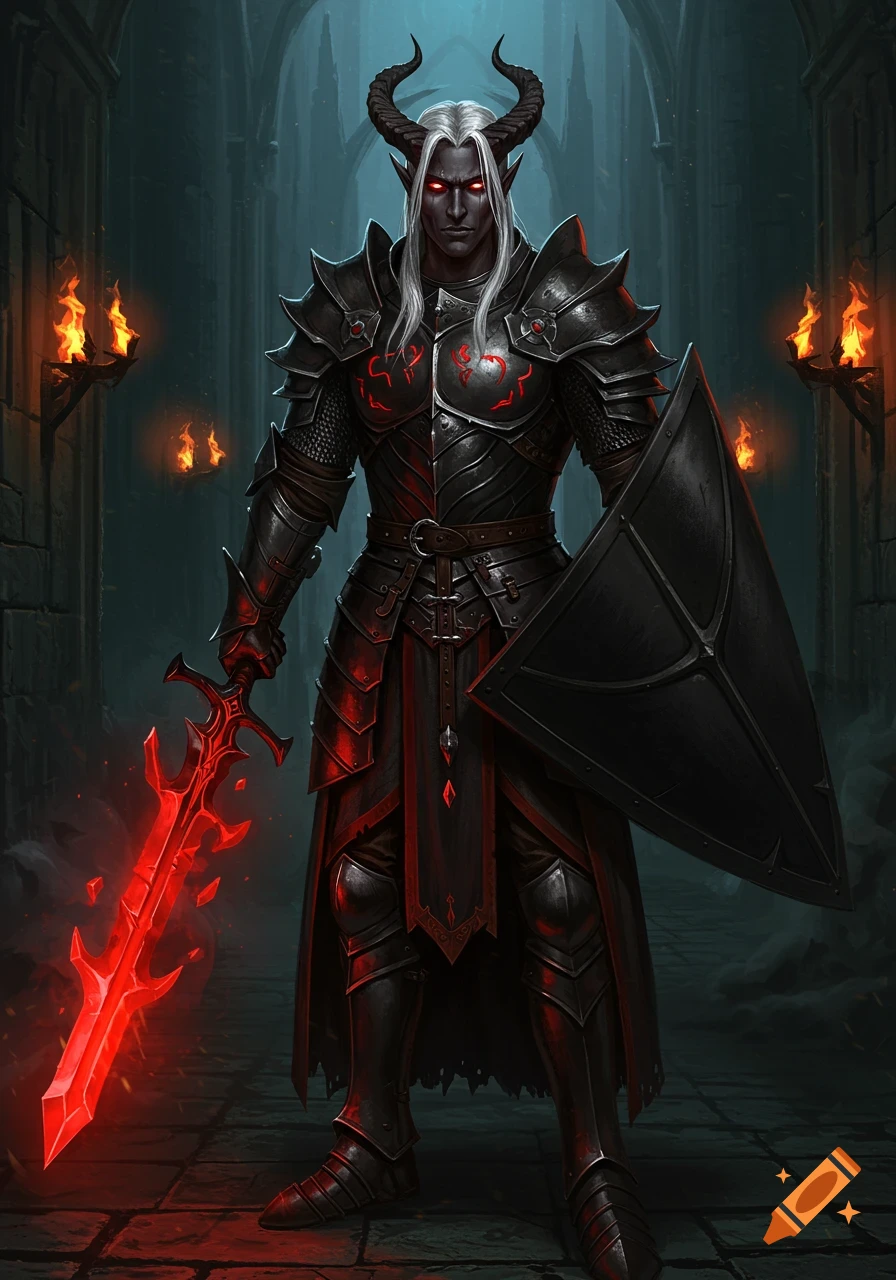 A photorealistic painting of a tiefling paladin in black armor with red runes, holding a red glowing sword and black shield.