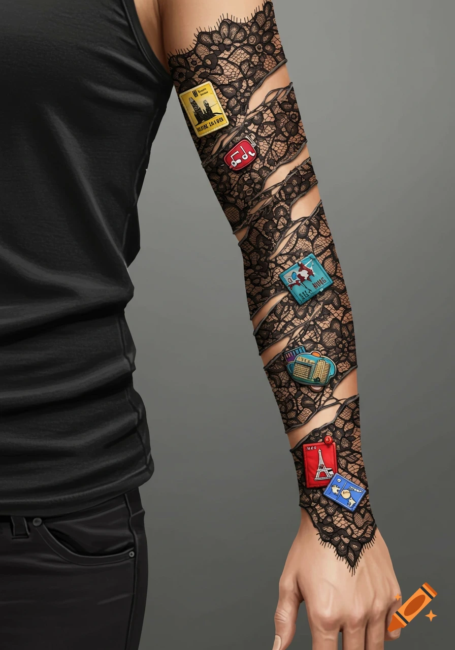 Close-up of an arm with a black lace tattoo that looks torn, featuring colorful patches depicting music notes, landmarks, and travel themes.