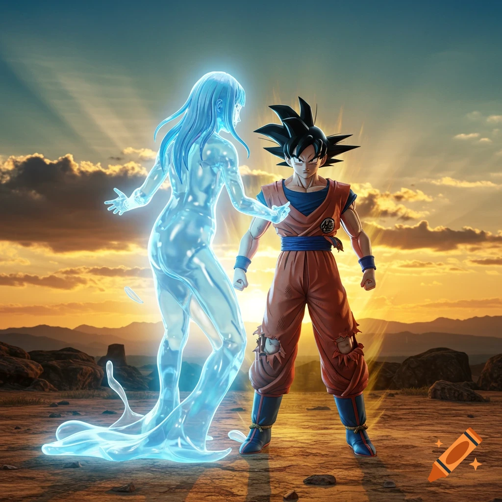 Goku standing opposite a shimmering blue liquid humanoid figure in a desert landscape at sunset, with light rays in the sky. Anime style.
