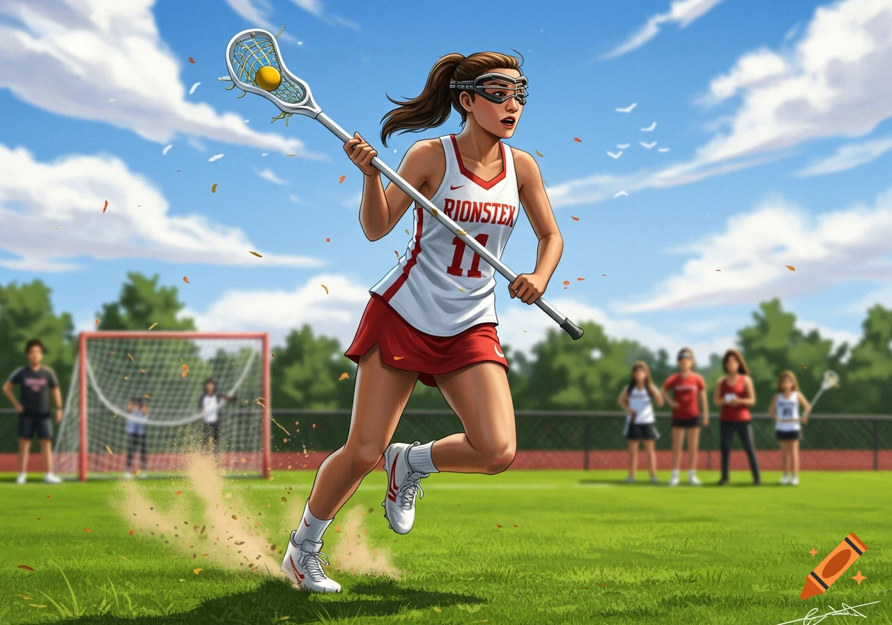 A female lacrosse player in uniform runs across a grassy field with a lacrosse stick and ball, under a sunny sky.