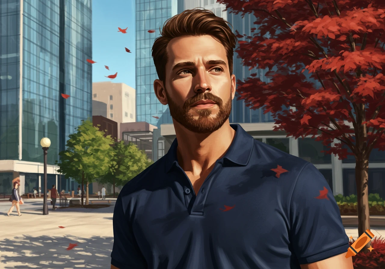 A bearded man in a blue polo shirt stands in a sunny city square with tall buildings and red trees, with red leaves floating.