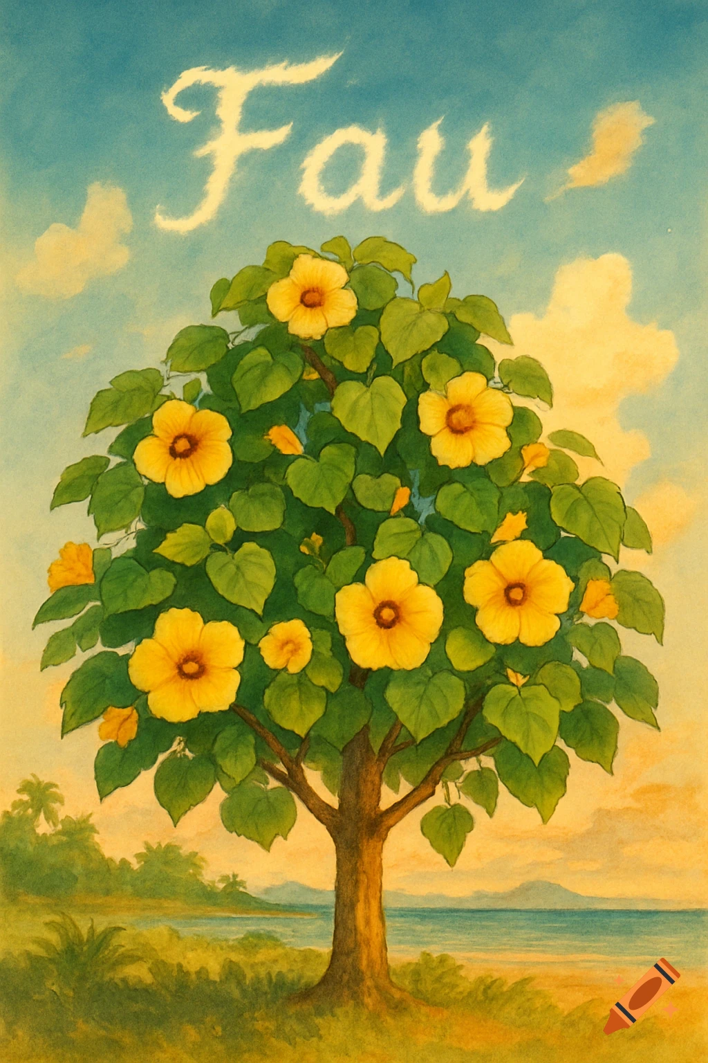 A vibrant watercolor painting of a yellow-flowered fau tree on a tropical beach, with the word 'Fau' written in clouds above.