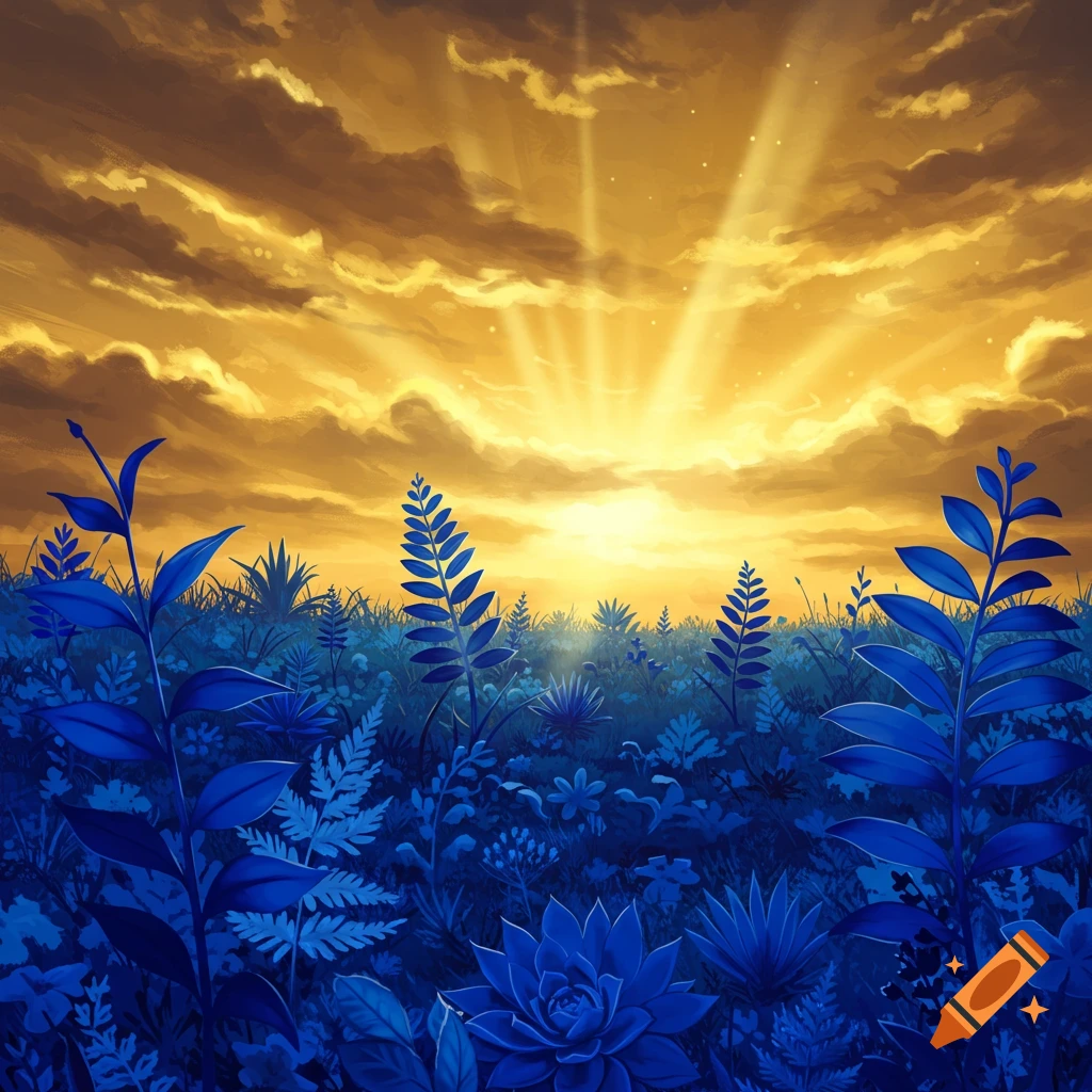 A stylized landscape with vibrant blue plants beneath a radiant golden sky at sunset.