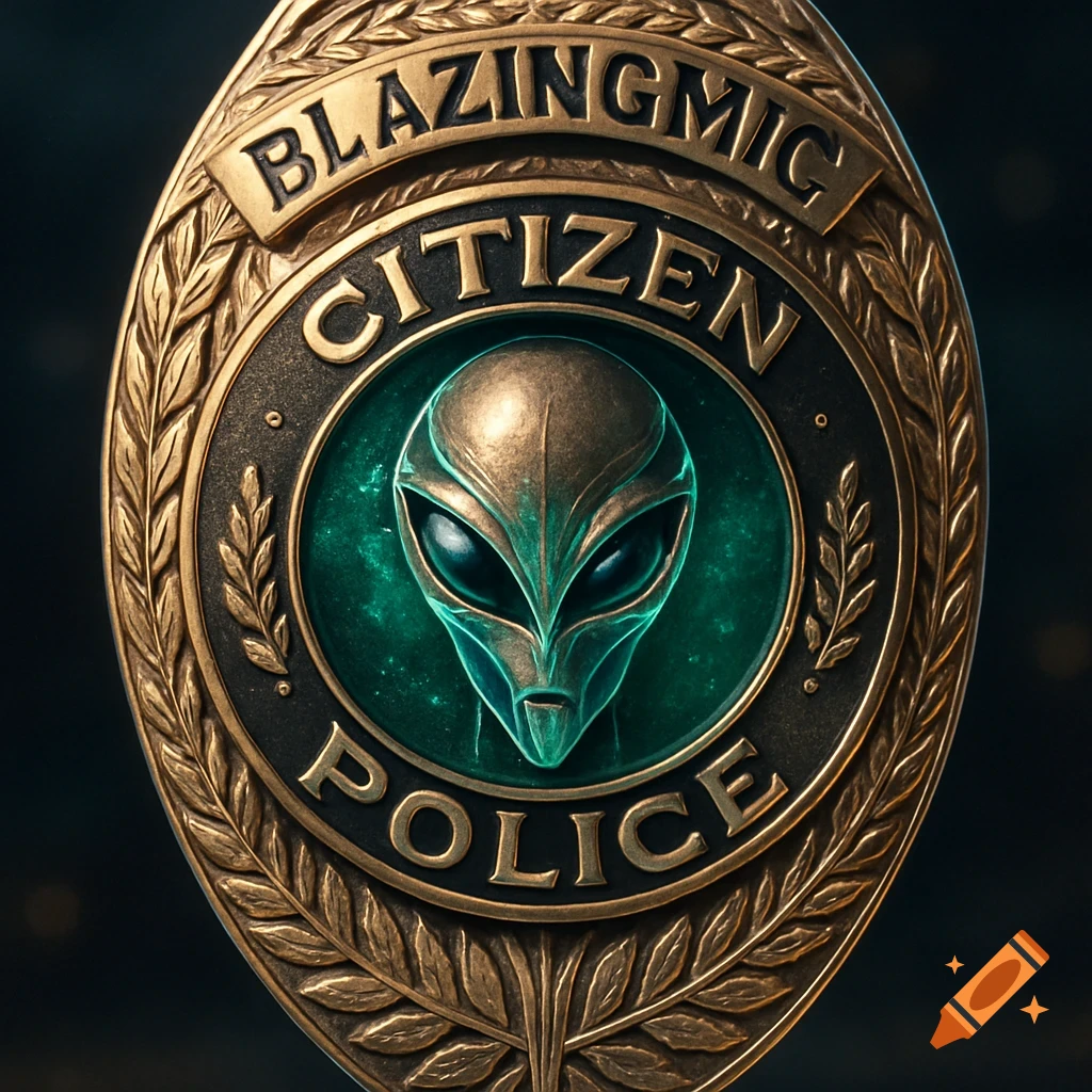 A metallic police badge featuring an alien head with glowing green eyes and the words "BLAZINGMIC CITIZEN POLICE."
