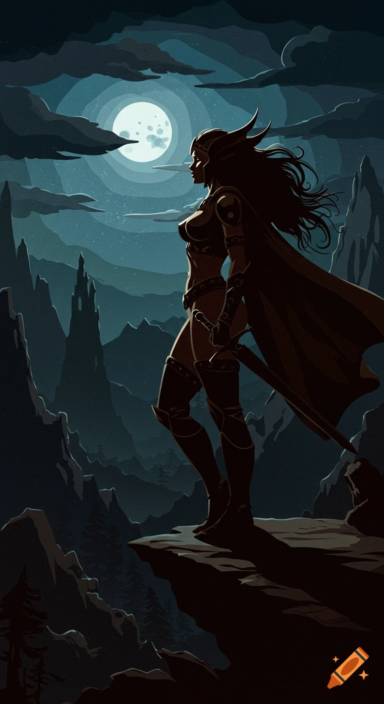 Dark fantasy art of a warrior woman in armor standing on a cliff under a full moon, overlooking mountains and clouds.