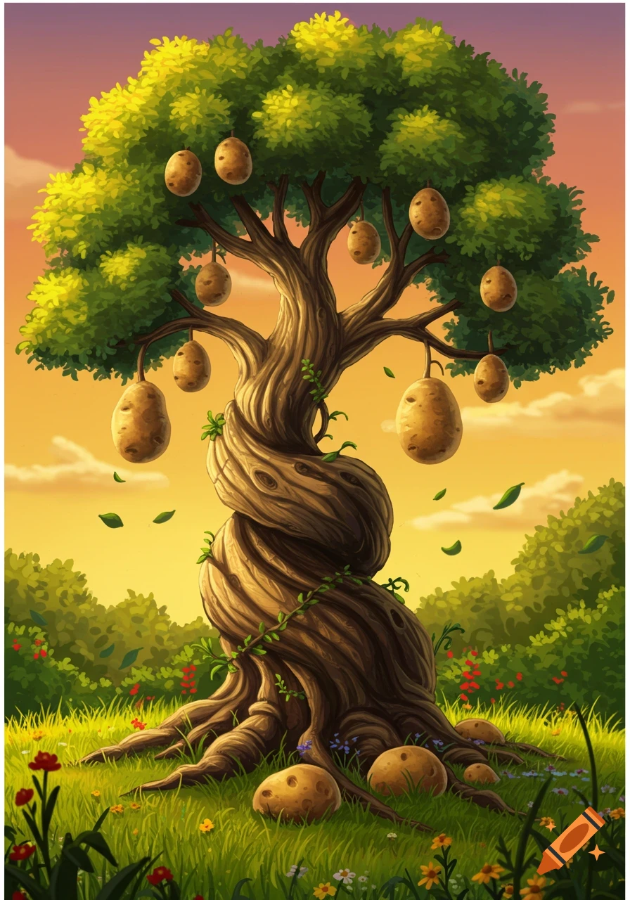 A whimsical illustration of a tree with potatoes growing from its branches, set in a vibrant green field under a colorful sky.