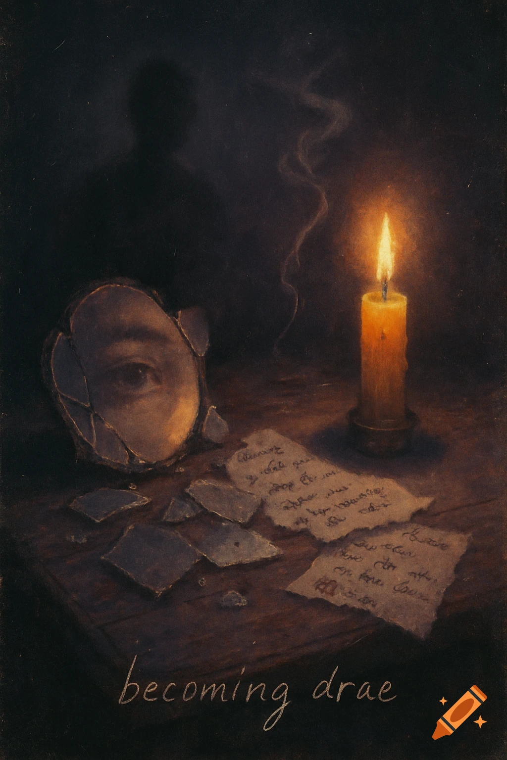 A dark still life with a lit candle, a shattered mirror reflecting an eye, torn handwritten papers, and a faint silhouette in the background. The text 'becoming drae' is at the bottom.