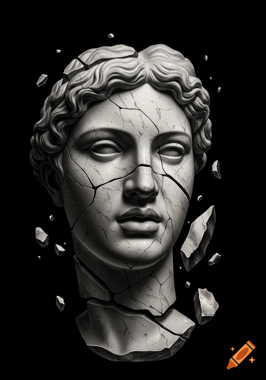 A white marble classical statue of a person's head and neck, fractured into many pieces with some floating fragments, set against a solid black background.