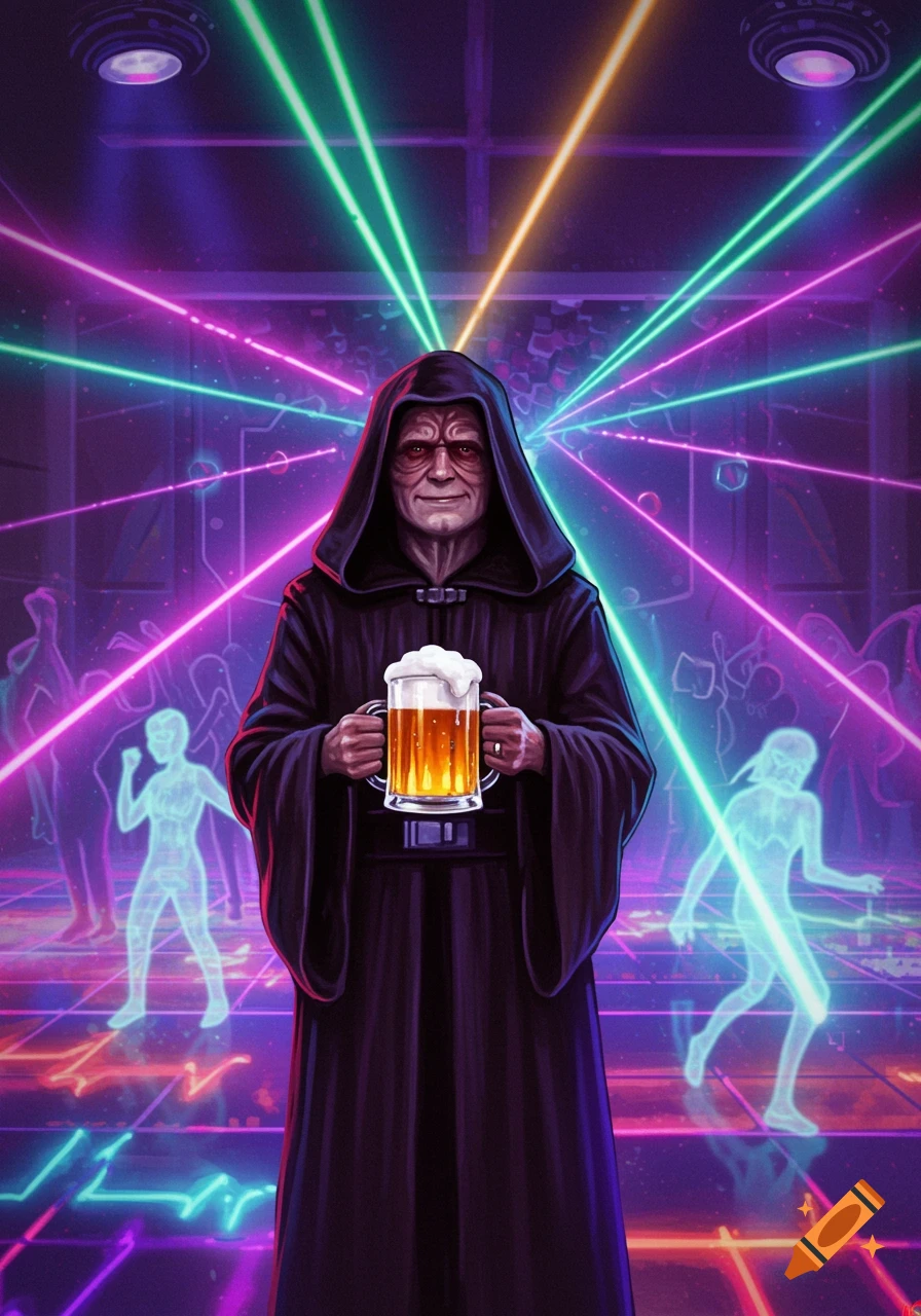 Emperor Palpatine holding a beer mug on a vibrant, neon-lit dance floor with abstract dancing figures in the background. Digital art.