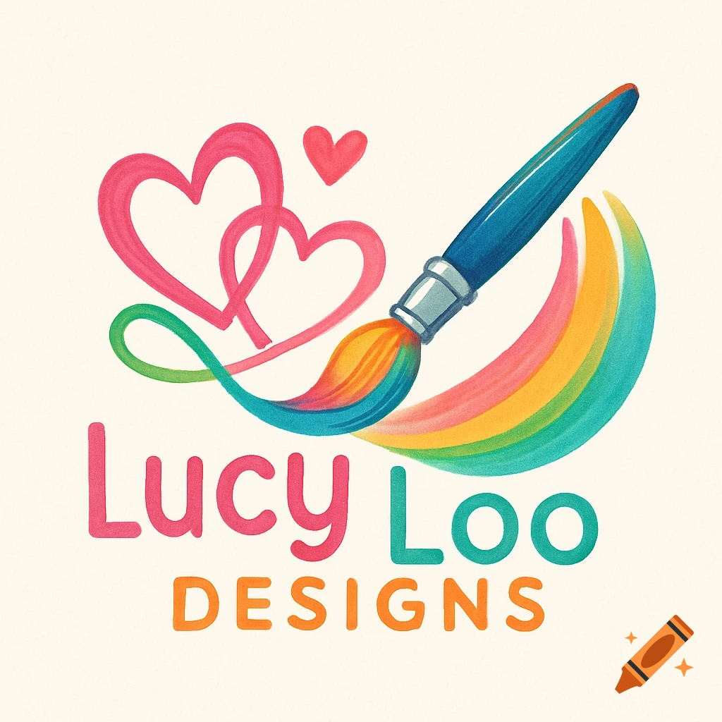 A colorful logo featuring a blue paintbrush creating a rainbow arc, intertwined pink hearts, and the text "Lucy Loo DESIGNS" in playful fonts.