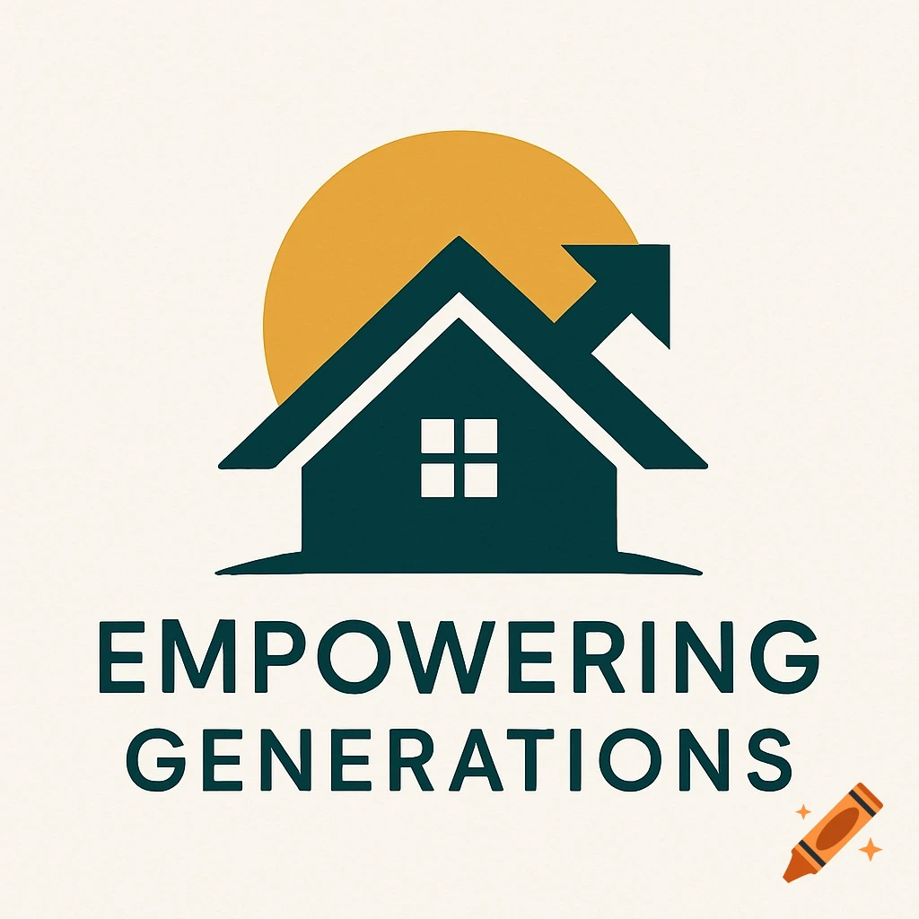 A modern logo features a dark teal house with a roofline forming an upward arrow, set against a golden-yellow sun. Below, the text reads "EMPOWERING GENERATIONS."