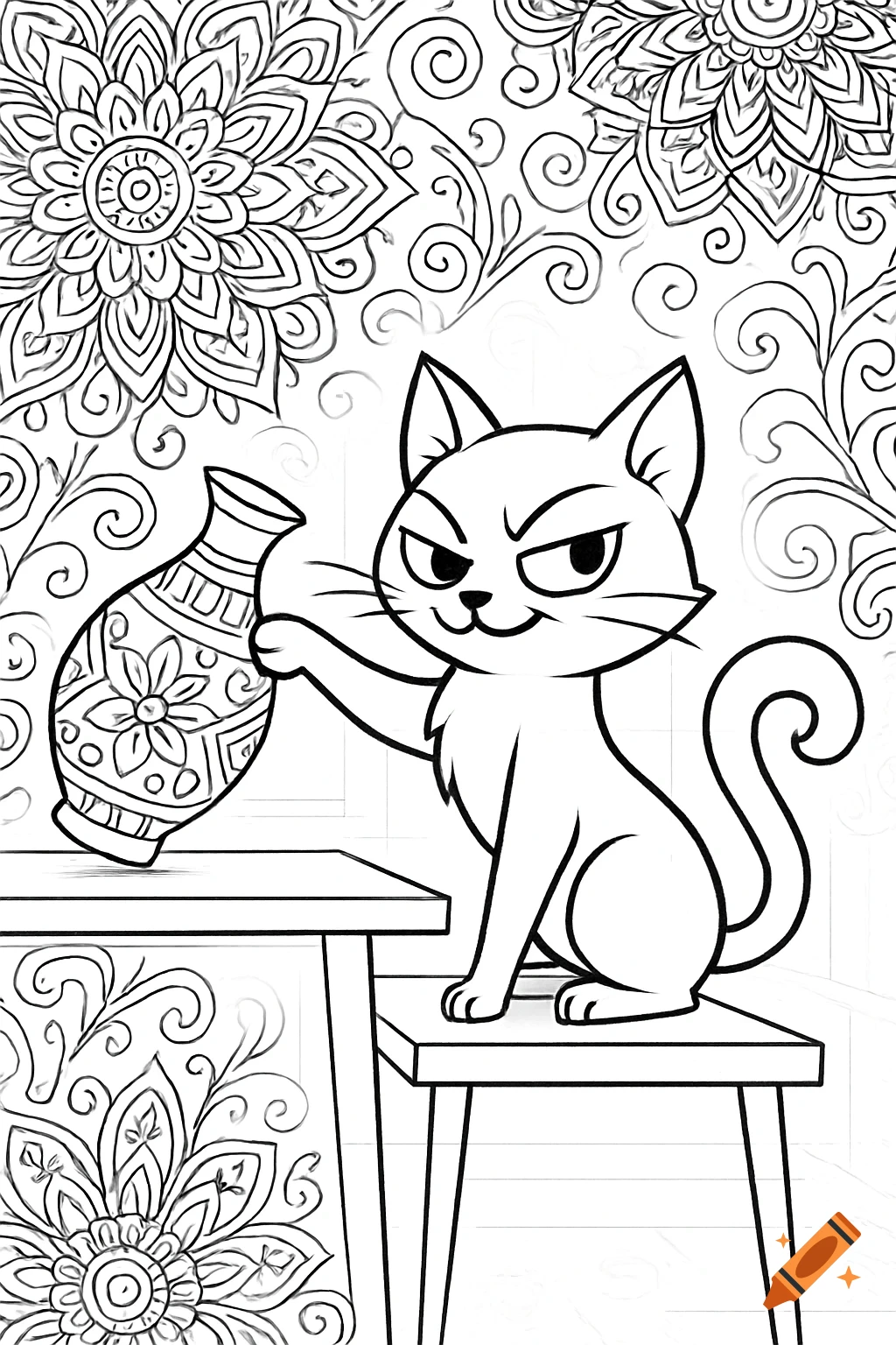 A mischievous stylized cat pushes a decorative vase off a table in a black and white coloring book drawing.