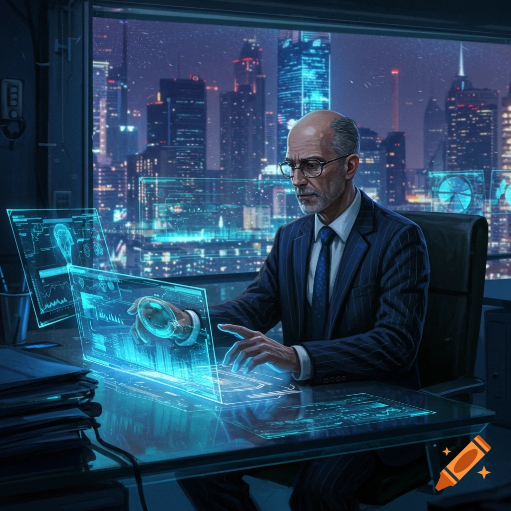 A balding man in a suit works at a desk with glowing holographic screens in a futuristic office overlooking a cyberpunk city at night.