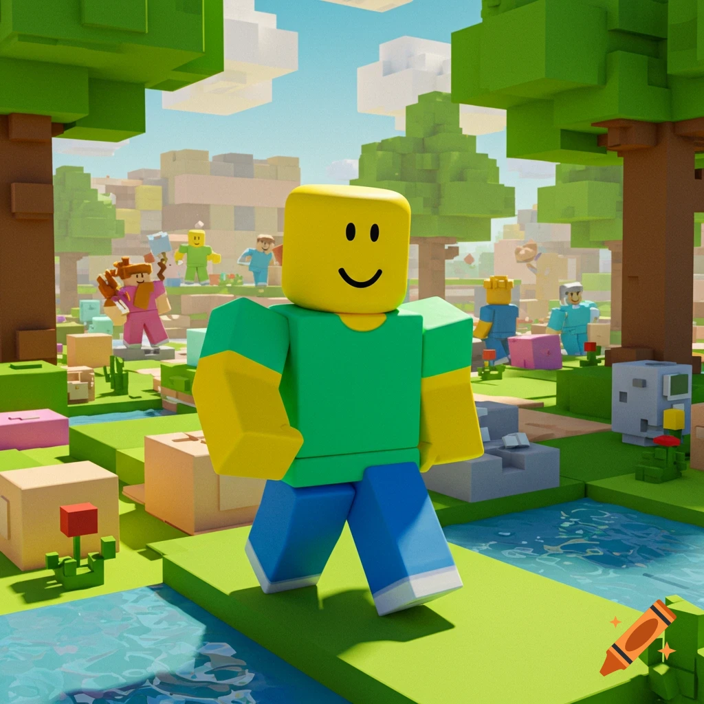 A blocky Roblox noob character with a yellow head, green shirt, and blue pants walks through a vibrant block world with other characters.
