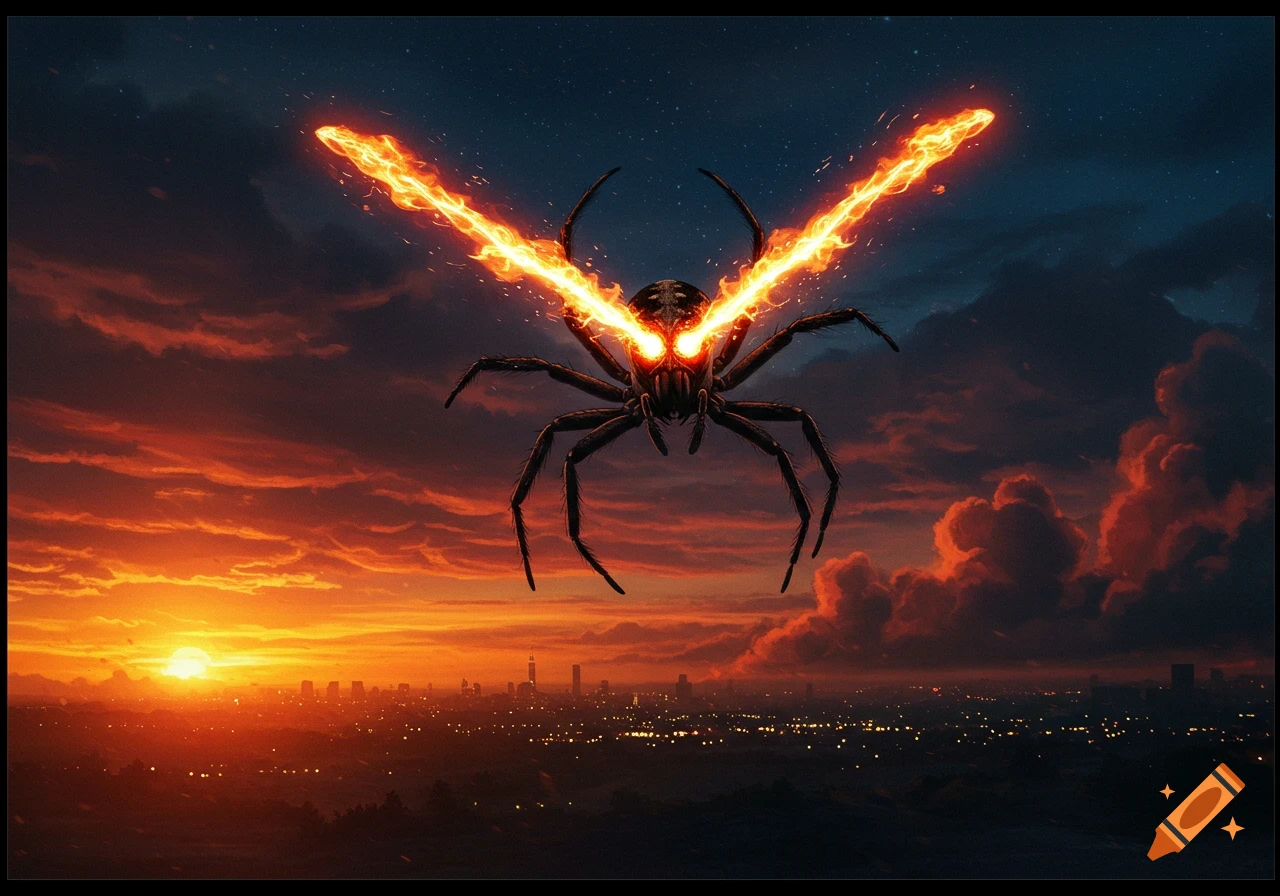 A giant spider with fiery red eyes and two streams of fire shooting from them flies over a city skyline at sunset.