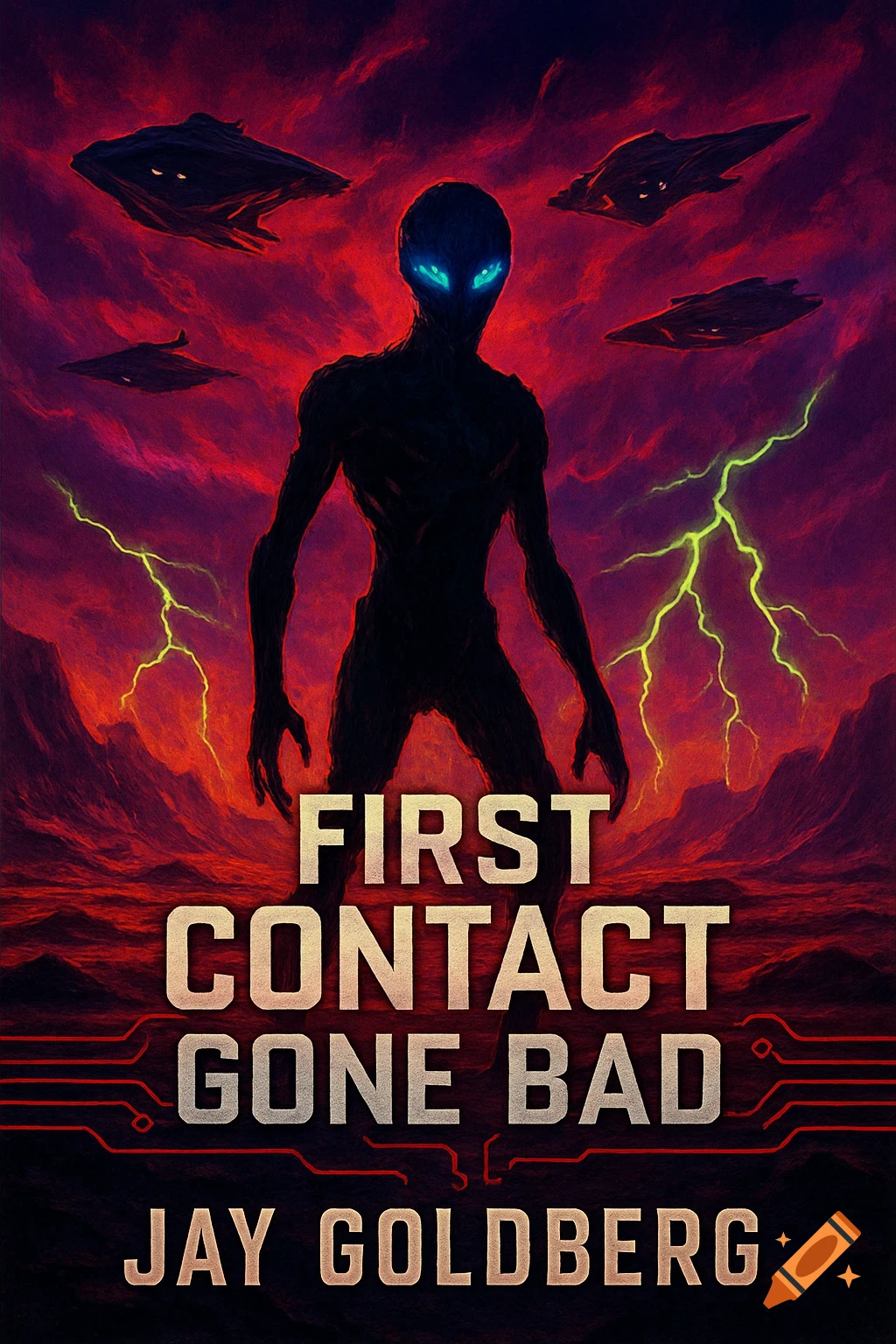 Book cover for 'First Contact Gone Bad' featuring a silhouetted alien and UFOs against a red sky with lightning.