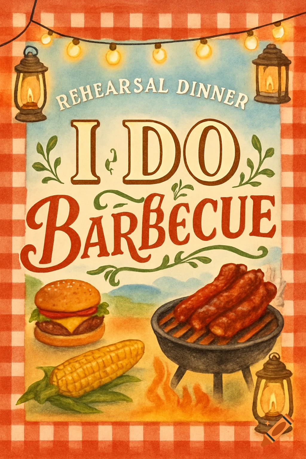 Vintage style invitation for a Rehearsal Dinner I DO Barbecue with illustrations of a burger, corn, ribs on a grill, and string lights.