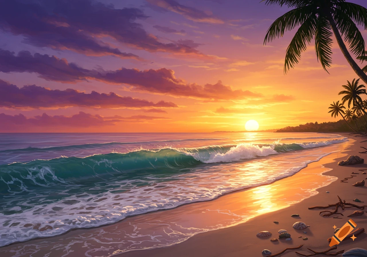 Vibrant sunset over a sandy beach with rolling ocean waves and palm trees.
