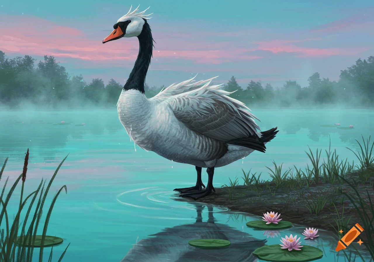 A majestic swan-goose hybrid bird stands at the edge of a serene lake with pink lily pads at sunset.
