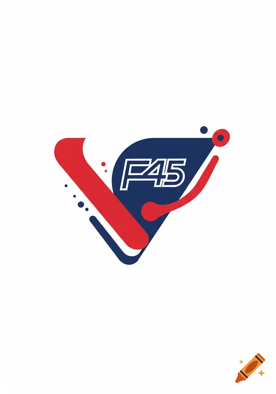 Abstract logo with blue and red curved shapes and white outlined text 'F45'.