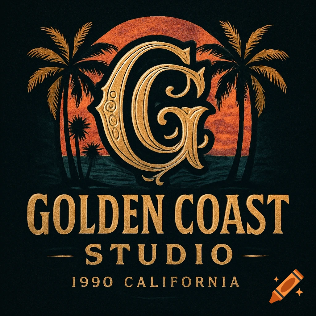 A vintage-style logo featuring a large golden letter G, palm trees, and a sunset, with the text "Golden Coast Studio 1990 California".