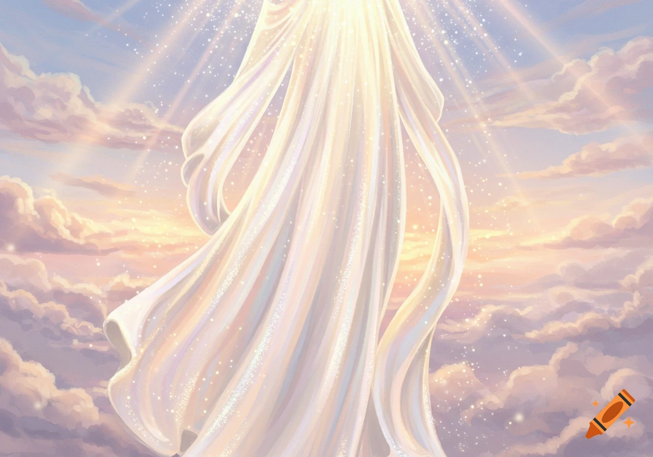 Flowing white angelic robes illuminated by golden light rays and sparkling particles against a cloudy, bright sky.