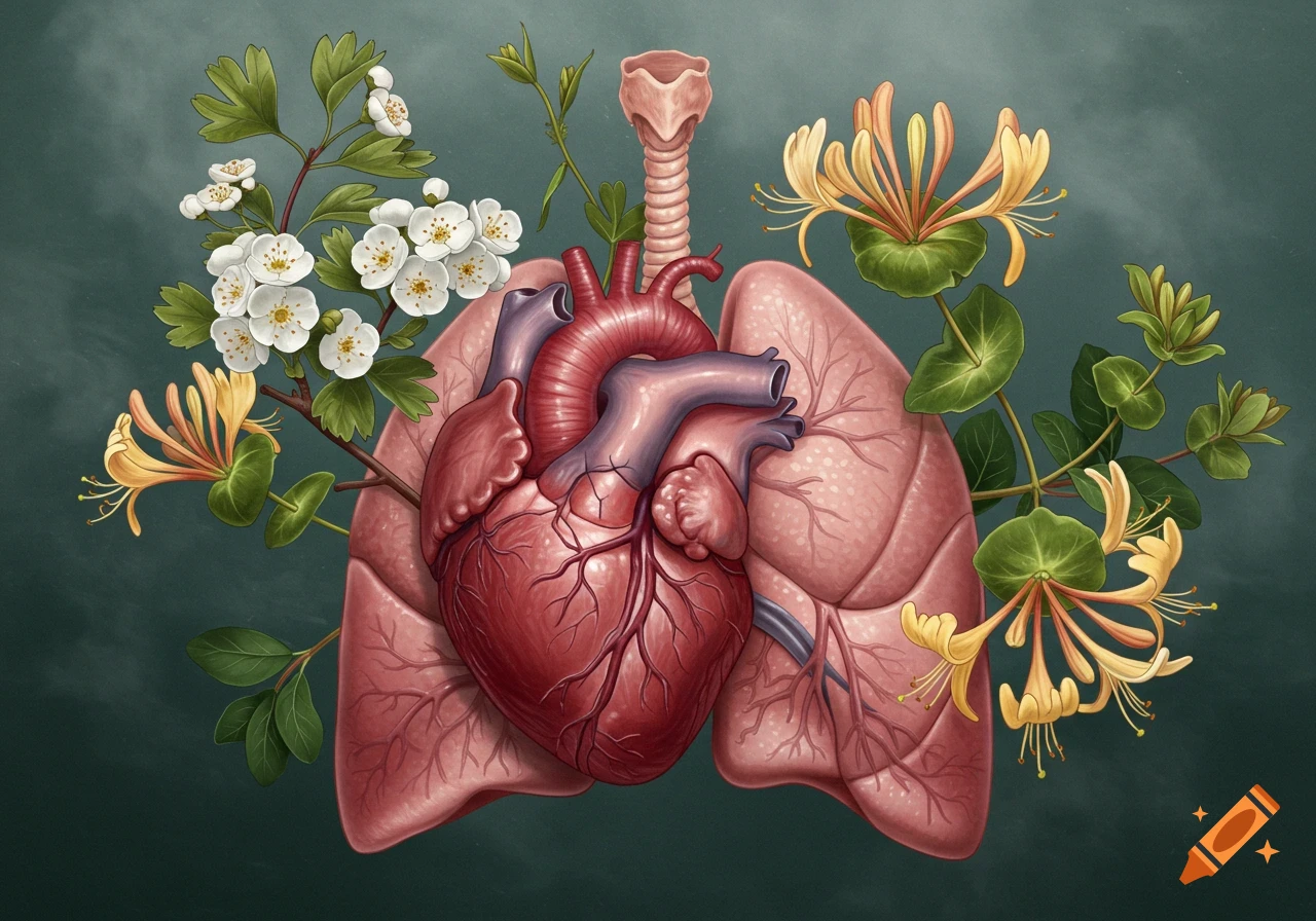 Anatomical illustration of a red human heart and pink lungs surrounded by white hawthorn and yellow honeysuckle flowers on a dark green background.
