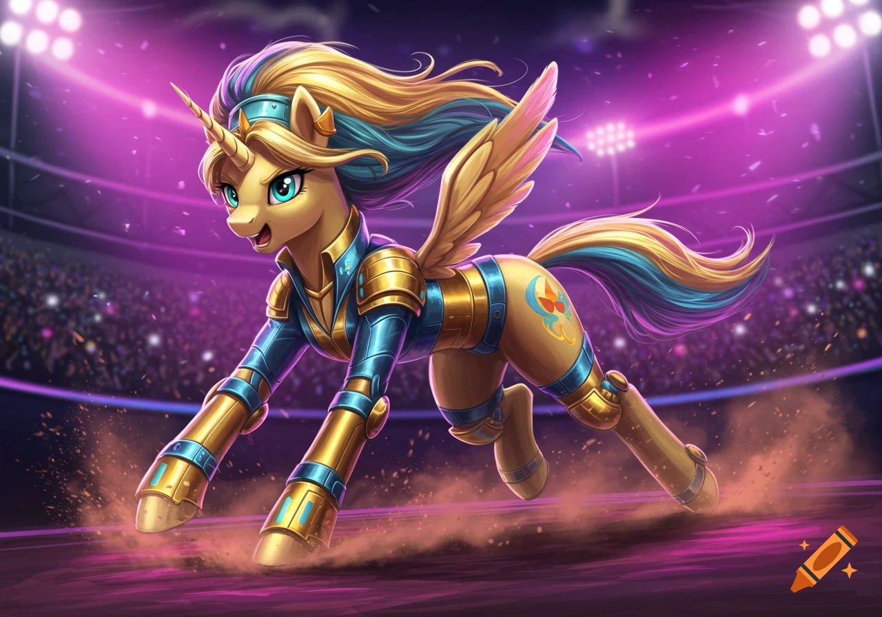 A golden-armored pegasus unicorn with a flowing mane and tail dashes across an arena, vibrant lights illuminating the crowd.