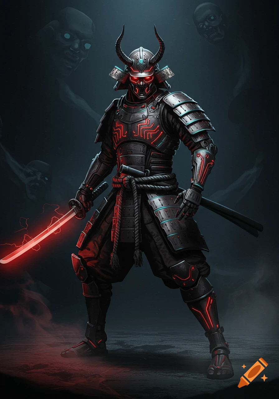 A dark image of a samurai in black, cybernetic armor with glowing red circuits, holding a glowing red katana.