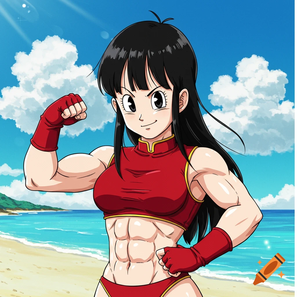 Anime style image of a muscular Chi-Chi from Dragon Ball GT flexing her arms and abs at the beach.