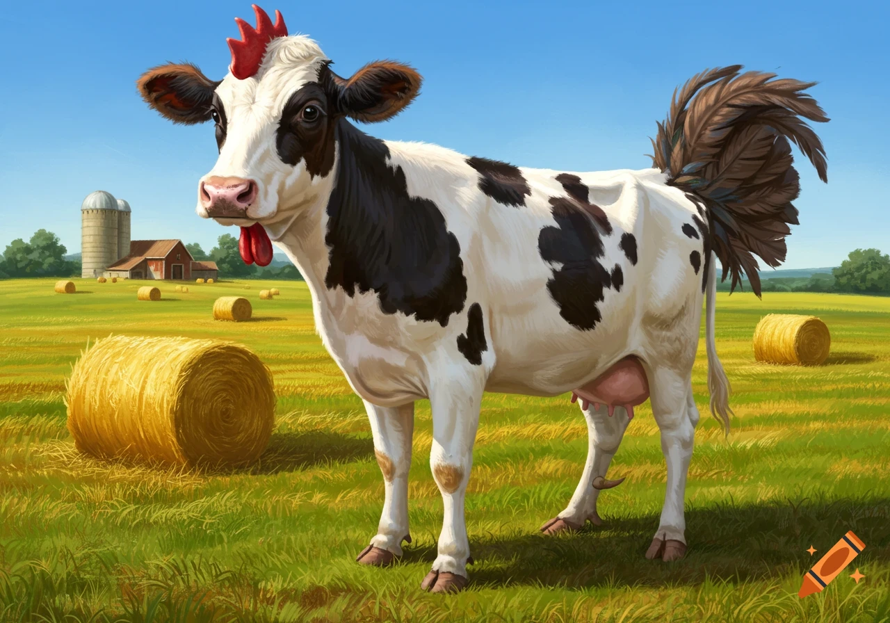 A black and white cow with a chicken comb and feathery tail stands in a sunny farm field with hay bales.