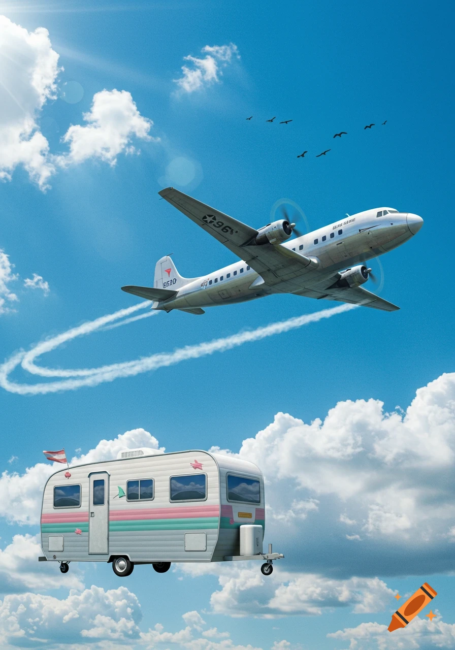 A vintage-style airplane flies through a clear blue sky with white clouds, leaving heart-shaped contrails. Below it, a pastel-striped camper floats in the sky.