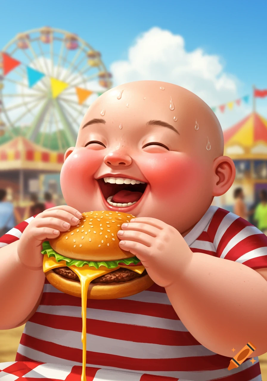 A joyful cartoon of a plump, bald boy with sweat drops, laughing while holding a cheeseburger with melting cheese at a carnival.