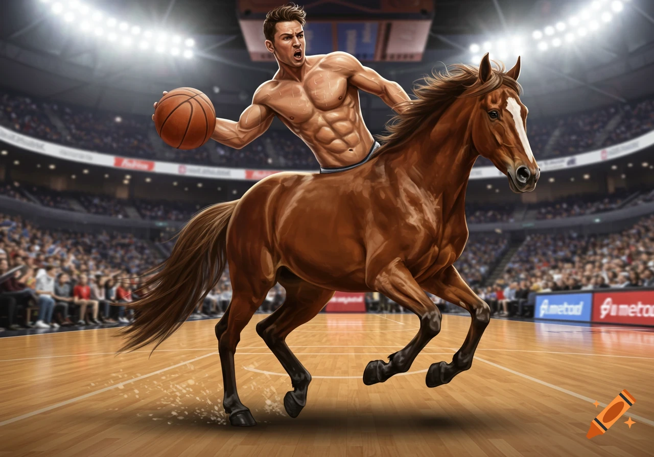 A muscular, shirtless man's upper body is fused to the lower body of a brown horse, running across a basketball court.