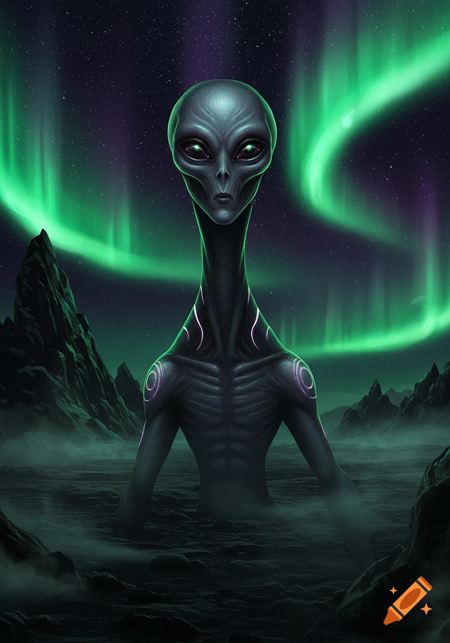 A grey alien with large dark eyes and glowing purple markings stands in a misty, rocky landscape under a green and purple aurora and starry sky.