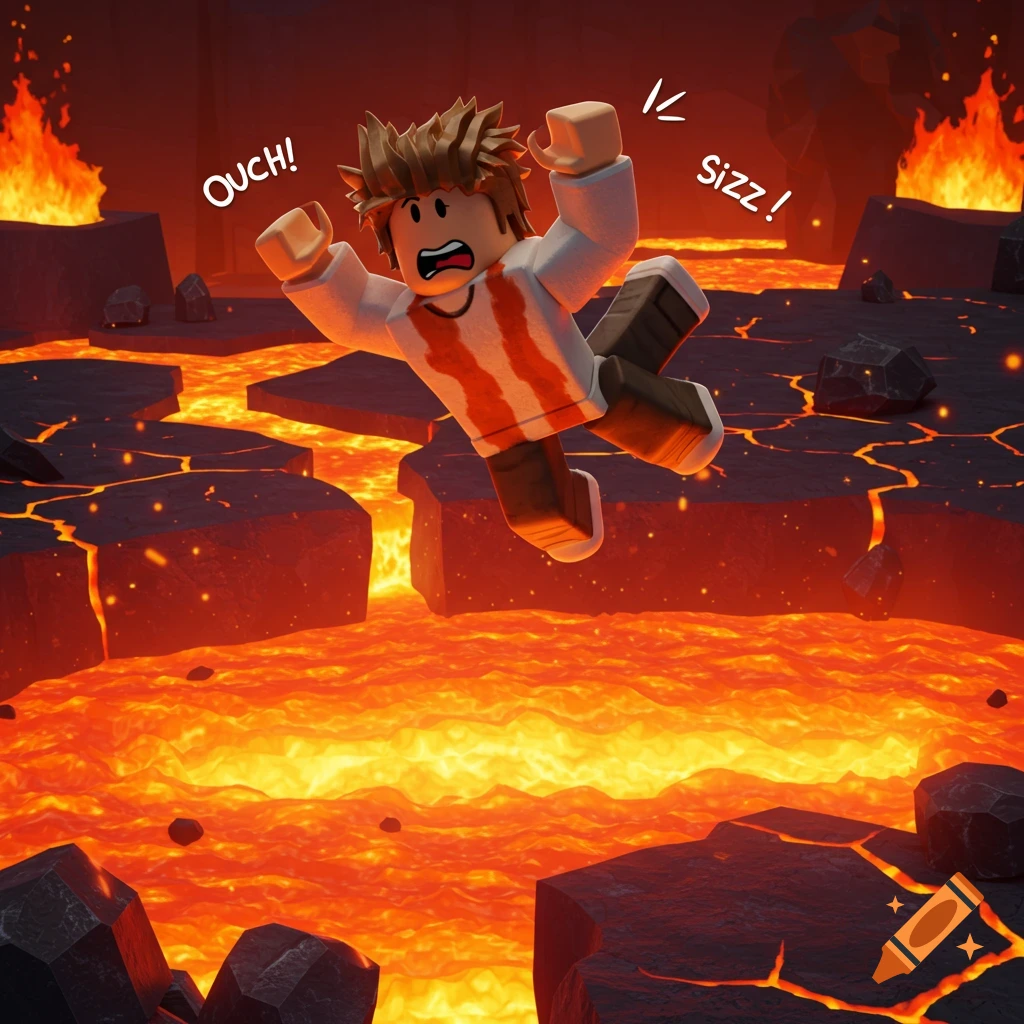A Roblox 'bacon hair' character falls into a pool of bright orange lava, with 'OUCH!' and 'sizz!' text.