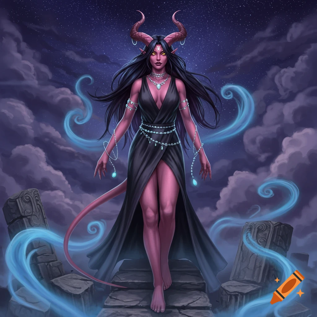A beautiful female tiefling with light pink skin and black hair in a black dress walks on stone steps under a starry night sky, surrounded by blue glowing mist.