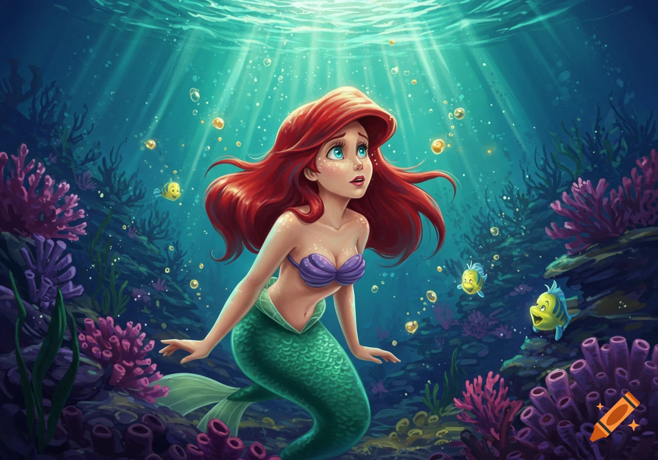 A vibrant cartoon image of a red-haired mermaid, similar to Ariel, underwater with two yellow fish and coral.