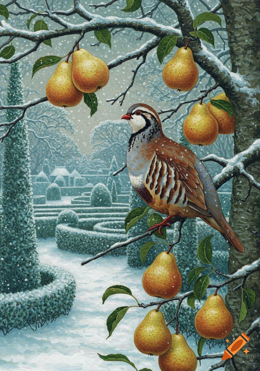 An oil painting of a partridge perched on a snowy pear tree branch in an Elizabethan garden during winter.