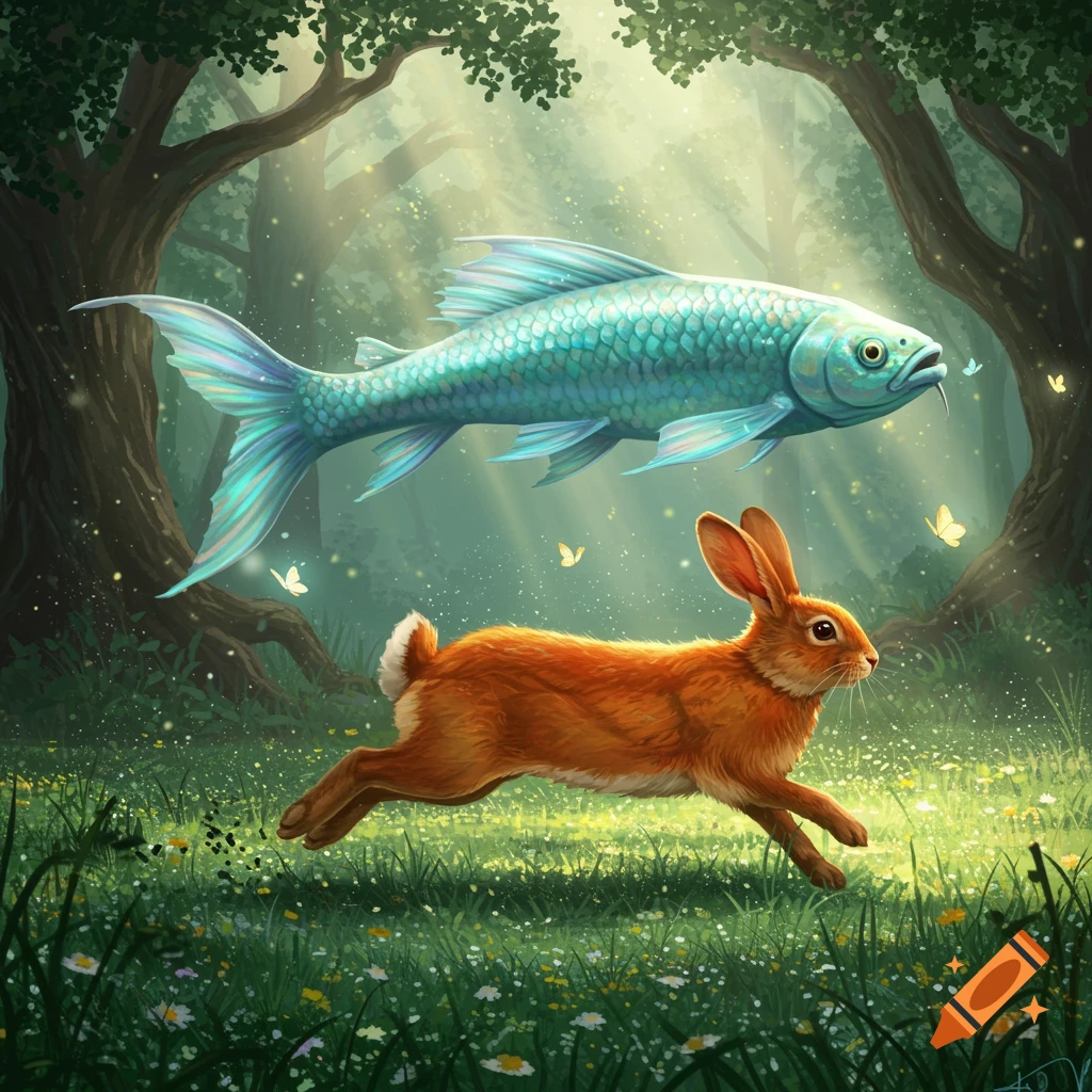 An orange rabbit runs through a sunlit, green forest while a large, turquoise fish swims through the air above it. Butterflies flutter around.