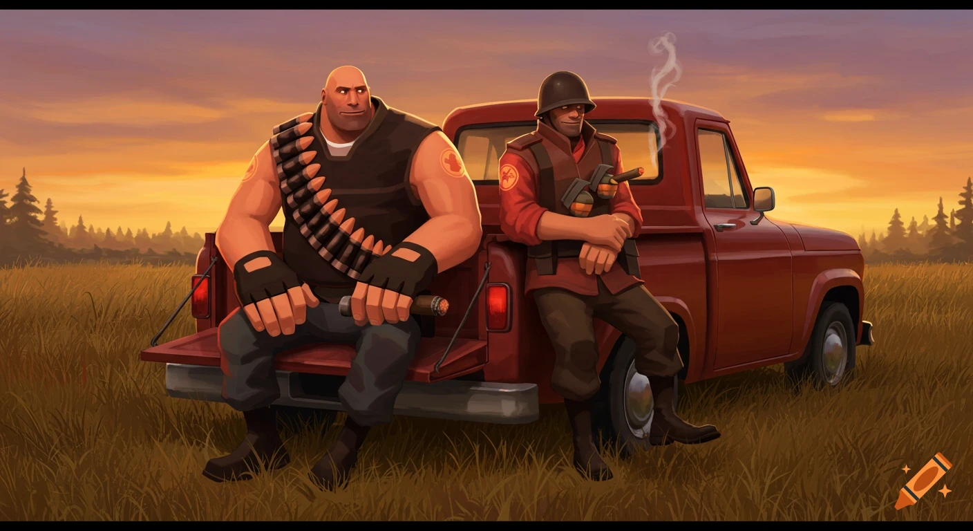 Two stylized men, Heavy and Soldier from Team Fortress 2, sit on a red pickup truck's tailgate in a golden field at sunset. One smokes.