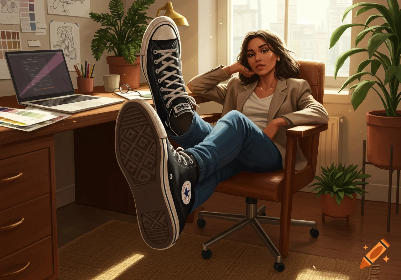 A woman in a beige blazer and jeans sits in an office chair with her feet, clad in black Converse sneakers, propped on a desk. A laptop and plants are visible.