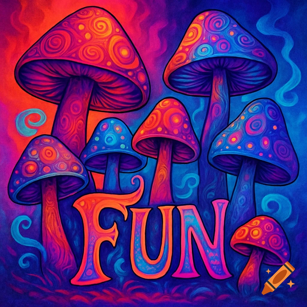 Psychedelic art featuring vibrant, swirling mushrooms in shades of pink, orange, and blue, with the word FUN in the foreground.