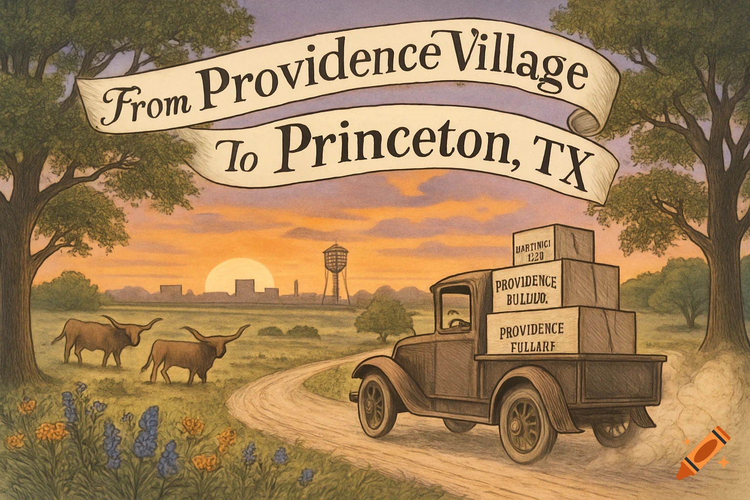 An illustrated vintage truck on a dirt road, carrying boxes, with longhorn cattle in a field. A banner above reads 'From Providence Village To Princeton, TX'. Sunset is in the background.