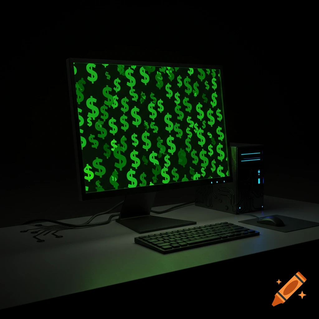A desktop computer setup in a dark room, with the monitor screen displaying a pattern of green dollar signs.