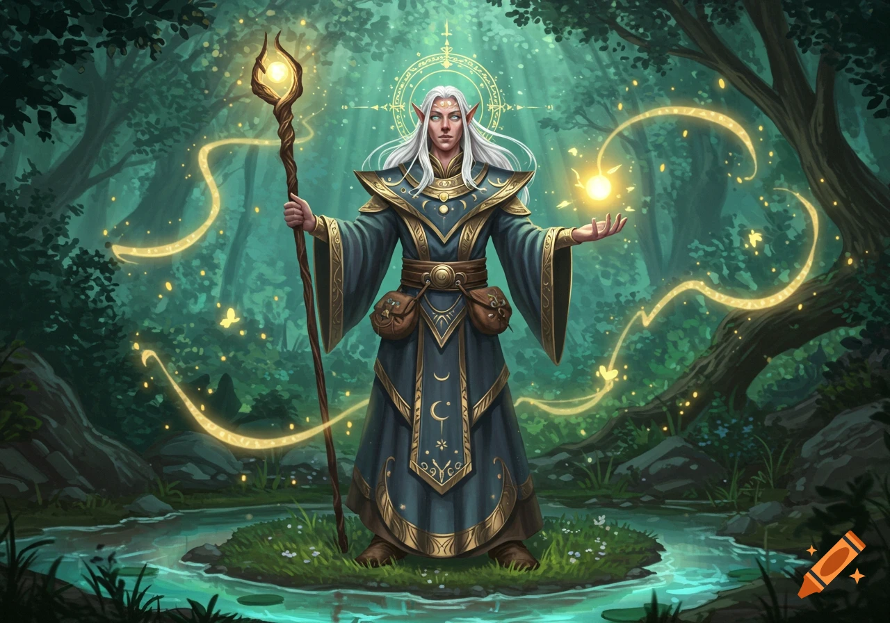 An elven wizard with white hair, holding a glowing staff and casting a spell in a mystical forest.